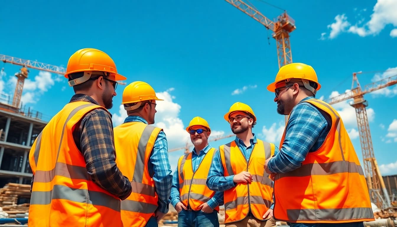 Workers participating in Construction site safety training amidst building materials and machinery.