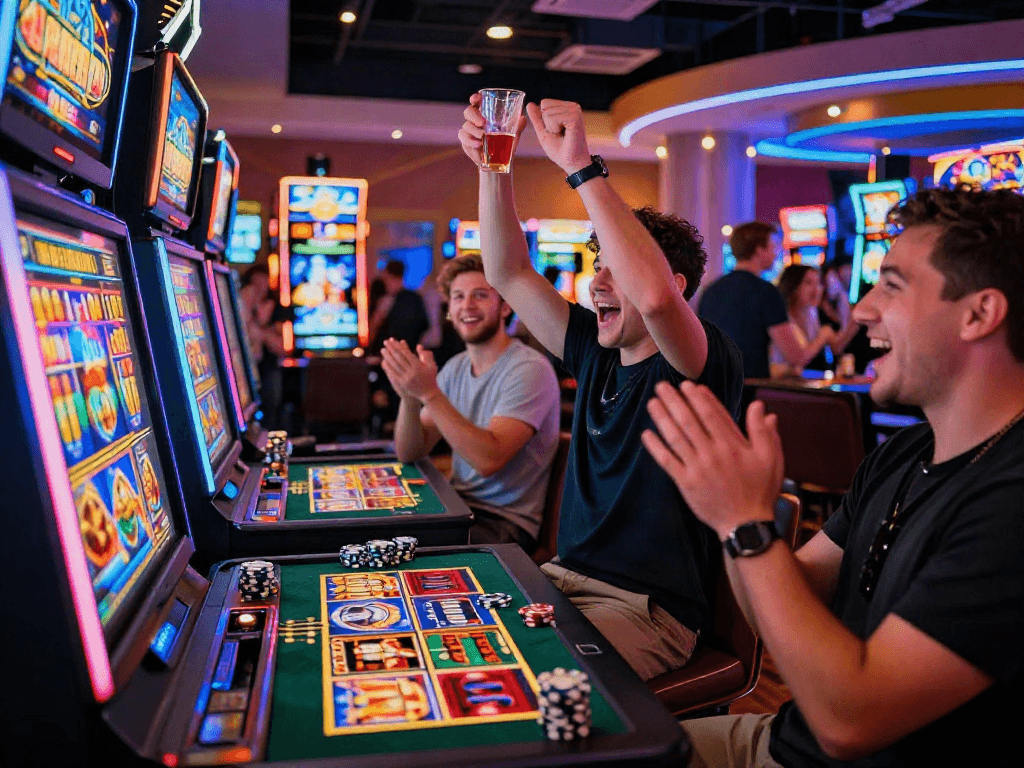 Slot bonus new member 100 celebration at a casino slot machine, friends cheering over a big win.