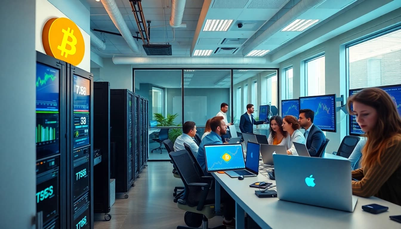 Bitcoin mining office showcasing advanced mining rigs and professionals collaborating on cryptocurrency strategies.