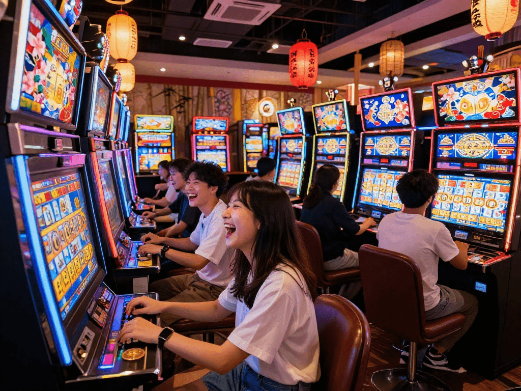 Exciting scene at a Japanese casino where friends celebrate playing slot jepang machines.