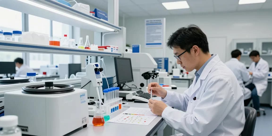 Swiss Chems laboratory scene with scientists analyzing high-purity peptides and SARMs.