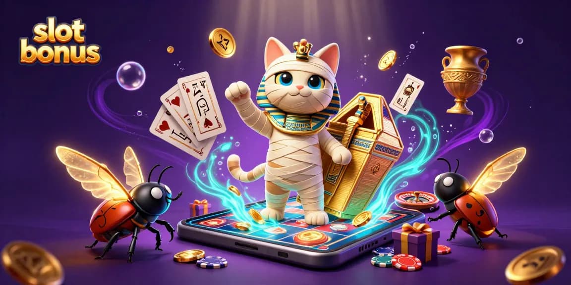 Experience excitement with this slot bonus visual featuring an Egyptian mummy cat, glowing coins, and vibrant game elements.