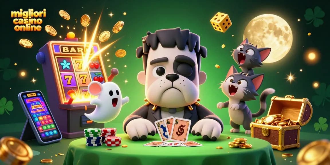 Immagine dei migliori casino online con un bulldog Frankenstein che distribuisce carte accanto a un tavolo spettrale.
