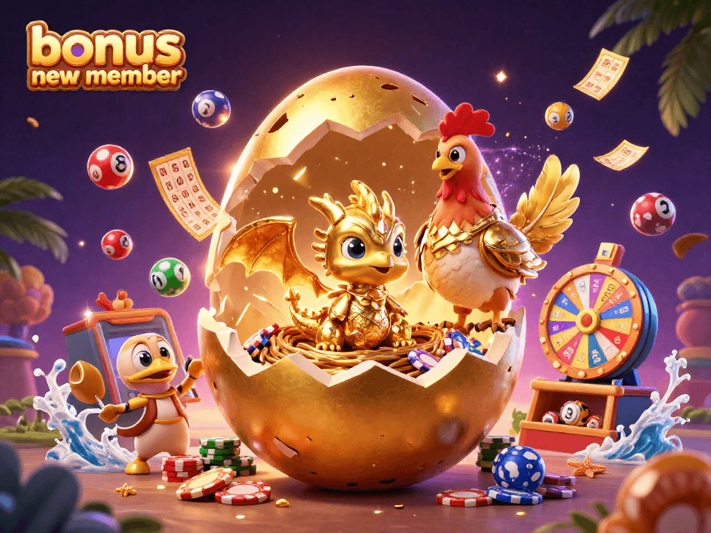 Engage with the bonus new member offer featuring vibrant casino elements and golden treasures in a lively digital scene.