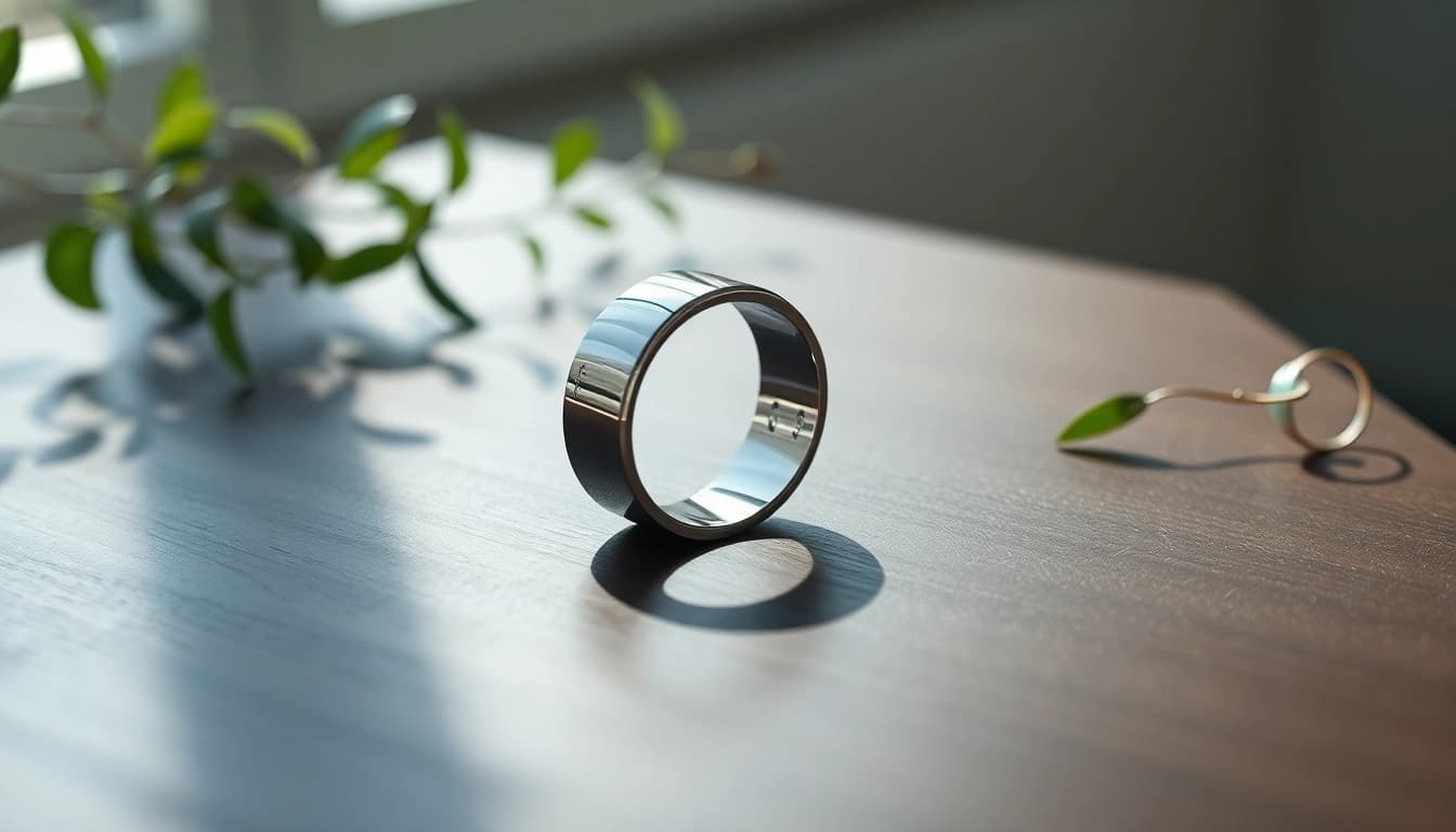 Showcase a Smart Health Ring reflecting its design and technology on a sleek wood surface.