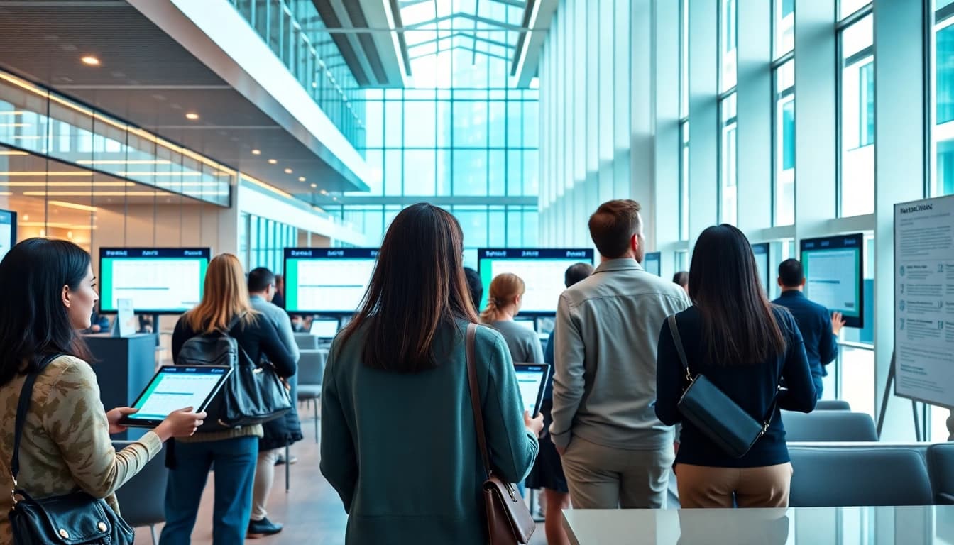 Citizens consulting IPVA GO information in a modern government office setting.