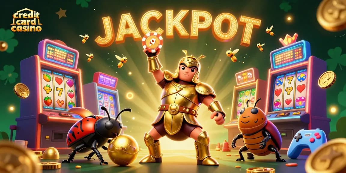 Engaging scene showcasing a credit card casino with dynamic characters, sparkling elements, and slot machines.