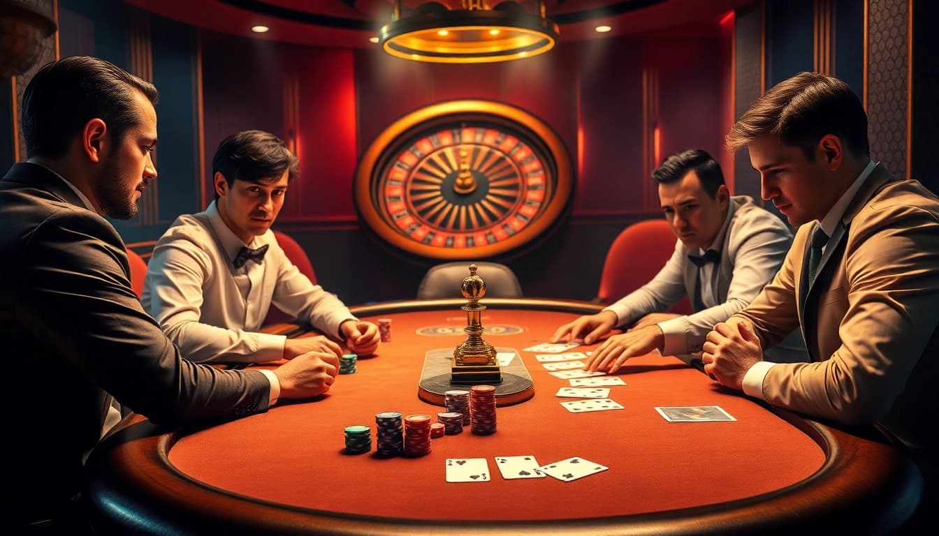 Intense poker game showcasing strategies at https://xx88.center/ with focused players and vibrant chips.