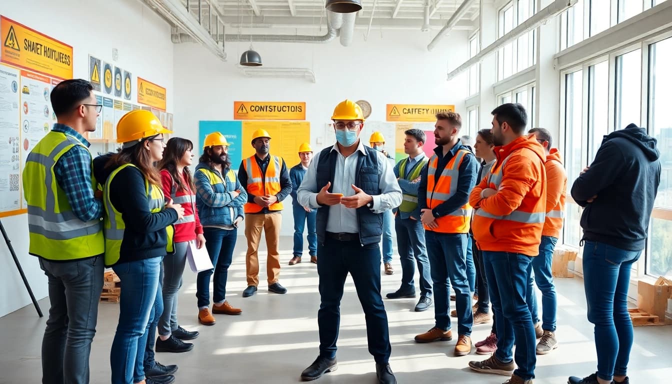 Participants engaged in construction safety training, learning about PPE and safety practices.