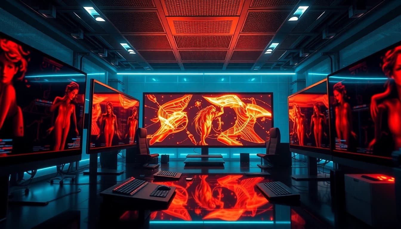 AI NSFW content creation workspace with modern tech and digital art.