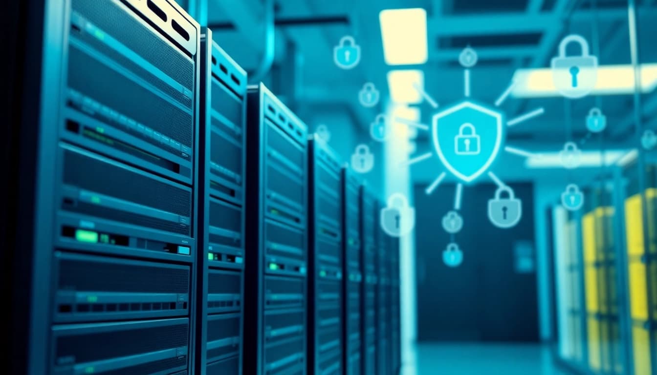 Visual representation of CDN with DDoS Protection featuring secure data servers and network technology.