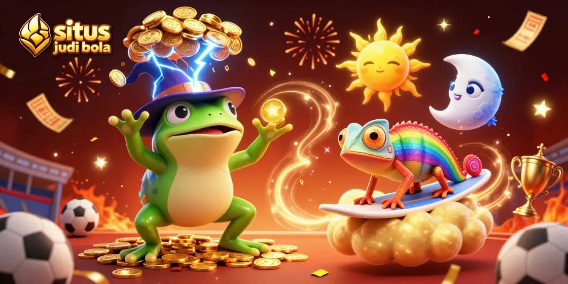 Engage with situs judi bola through a vibrant 3D casino scene bursting with action and colorful elements.