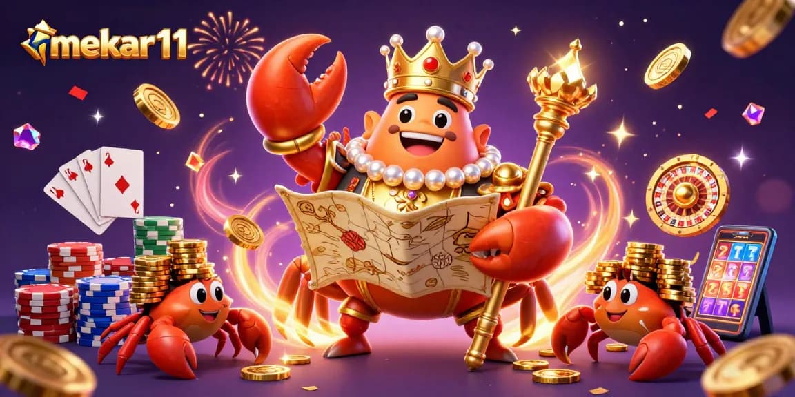 Experience excitement at mekar11 with a vibrant casino scene featuring a golden crab and treasures.
