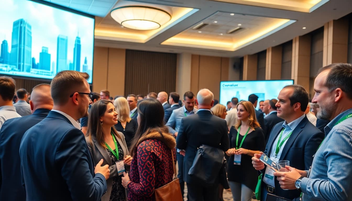 Engaged professionals at construction networking events exchanging ideas in a modern venue.