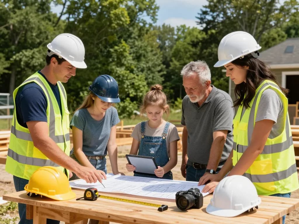 Southern maine General Contractor team collaborating on project plans outdoors, showcasing teamwork and craftsmanship.