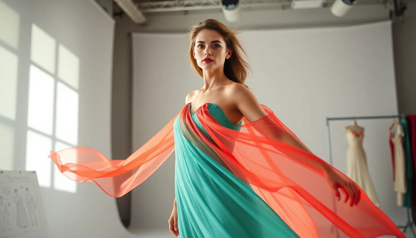 Chiffon jurk in een modieuze studio met vloeiende bewegingen en levendige kleuren.