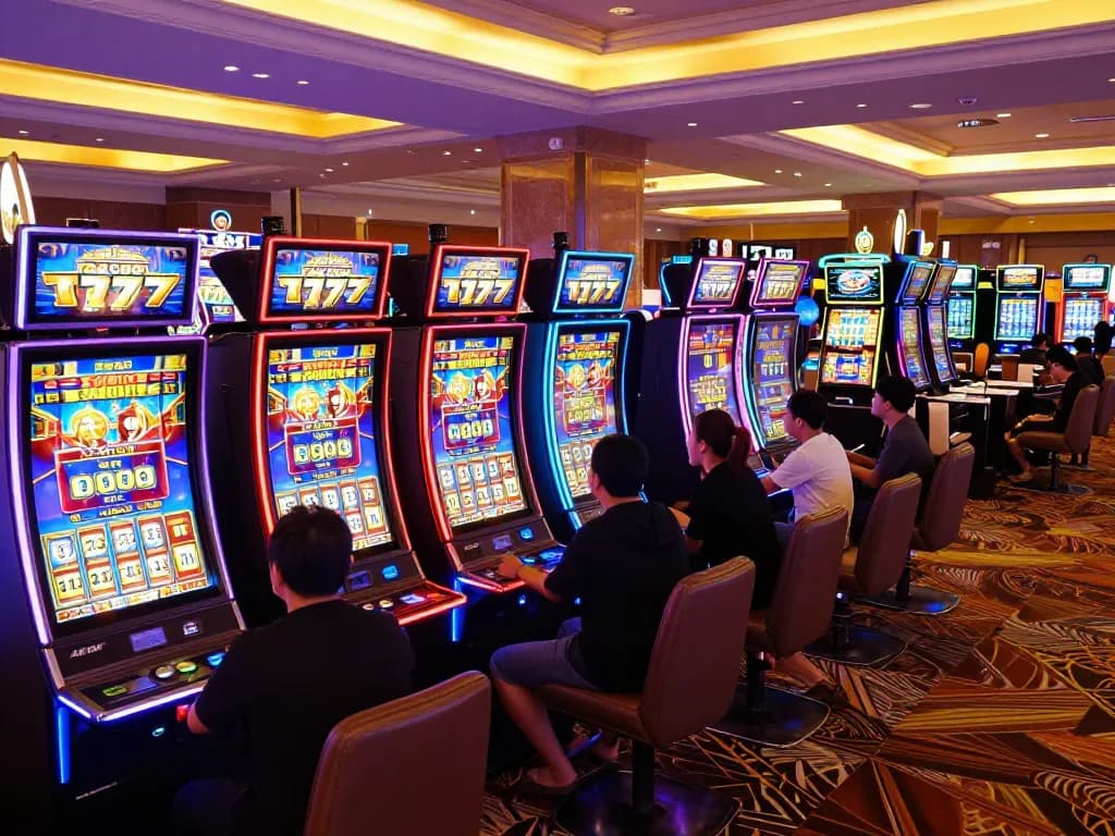 Experience the excitement of playing slot gacor 777 in a colorful casino environment filled with vibrant machines and engaged players.