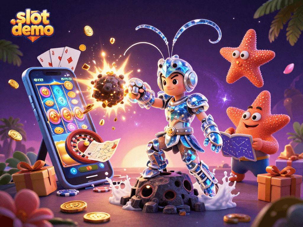 Mengalami keseruan slot demo melalui ilustrasi 3D yang memukau dengan karakter bertema kasino, ponsel slot, dan koin emas berjatuhan.