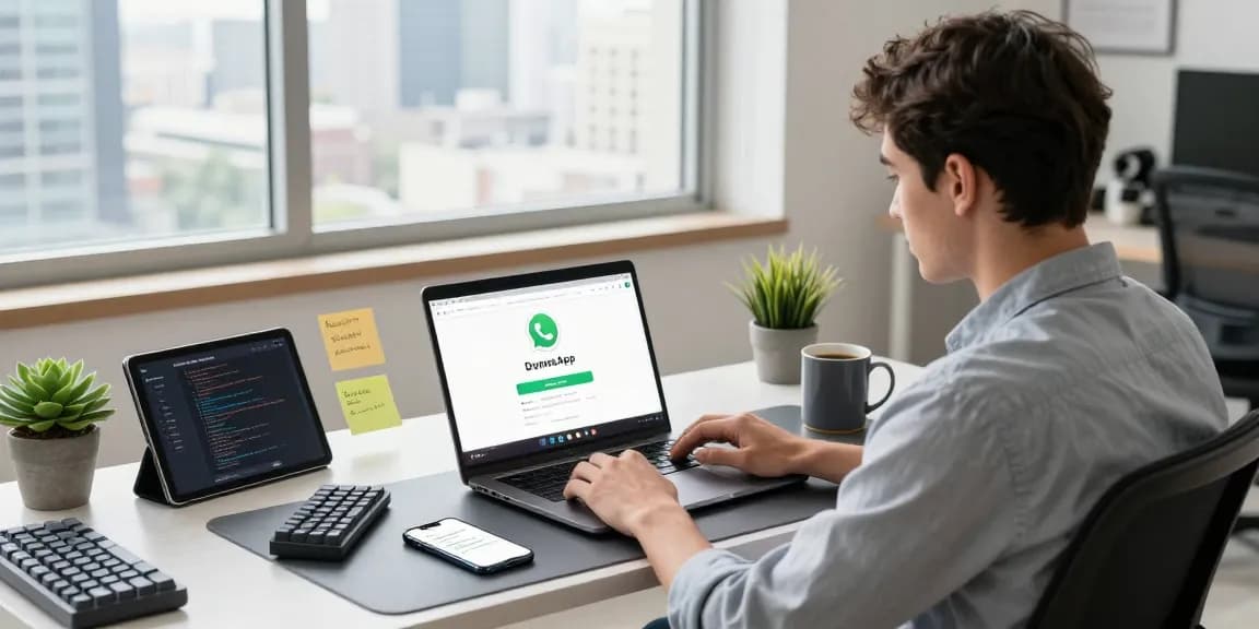 Download WhatsApp下載 on a modern workspace with a young professional at their desk.