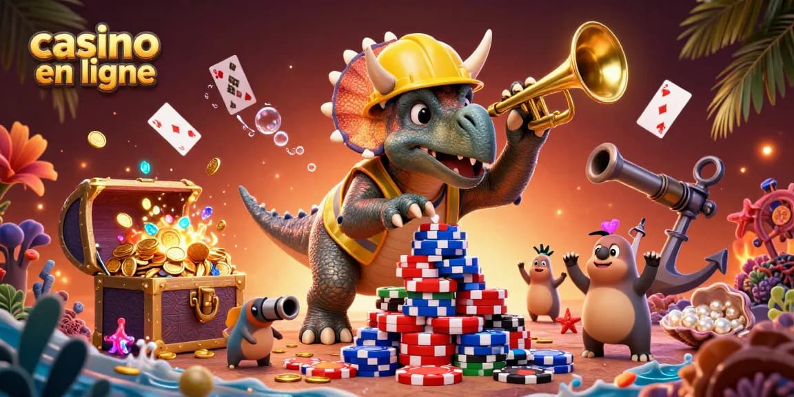 Découvrez les jeux au casino en ligne avec un triceratops célébrant la victoire en construisant une pyramide de jetons.