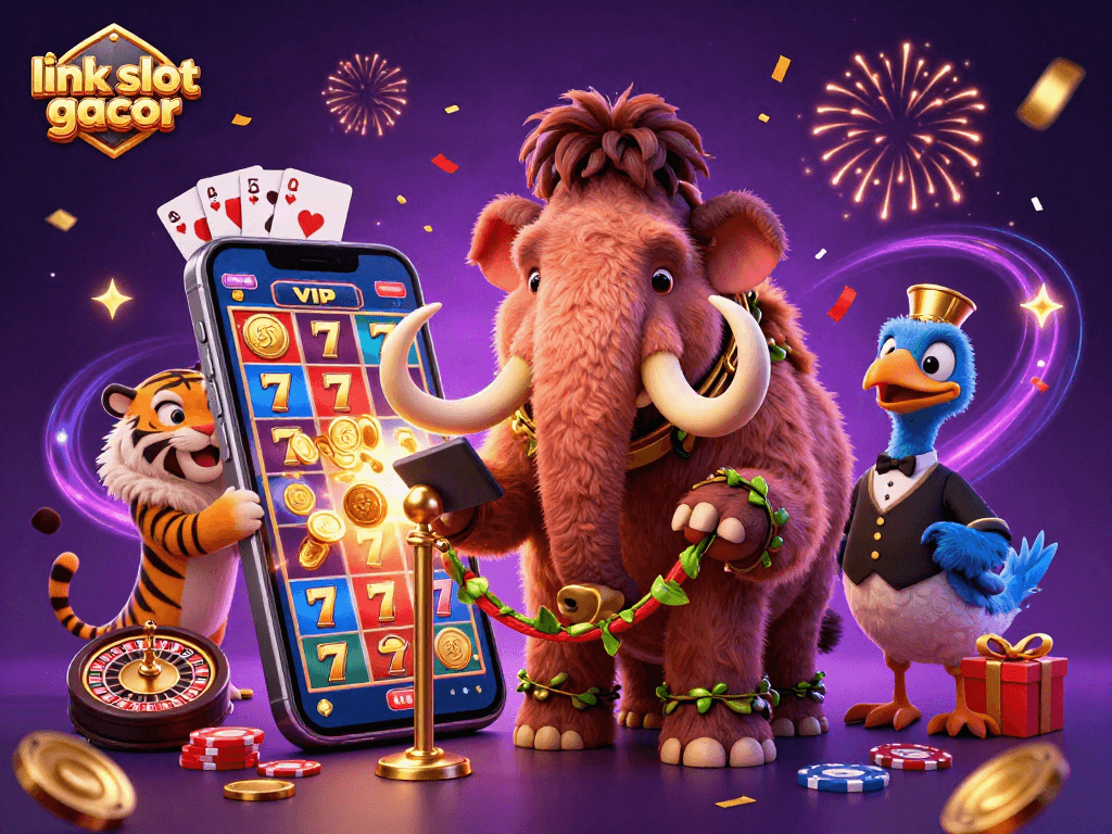 Engage with link slot gacor as a 3D mammoth bouncer checks IDs in an energetic casino scene.