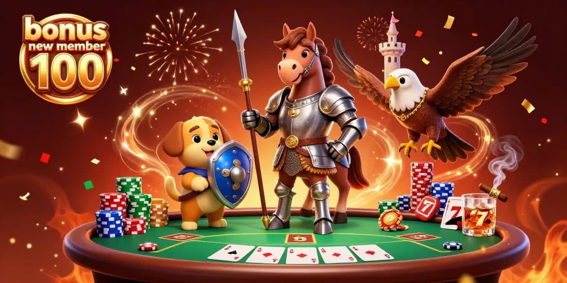 Join the excitement with bonus new member 100 at this vibrant, dynamic casino scene featuring poker elements and magical touches.