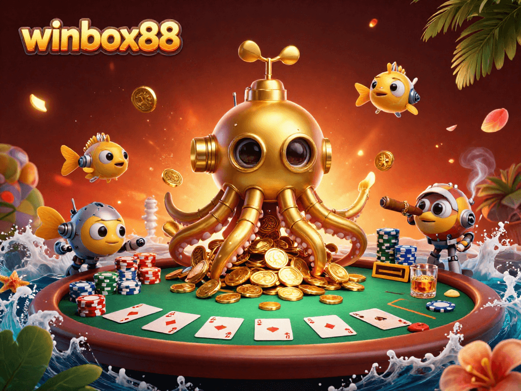Winbox88 players engage with dynamic poker games in a vibrant, animated 3D casino scene.