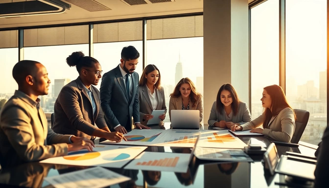 Gain business growth insights from a collaborative team analyzing data in a modern office.