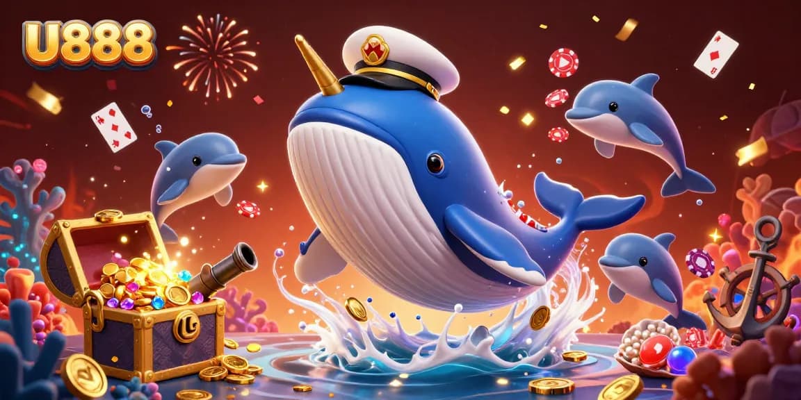 Experience the excitement of U888 casino with vibrant 3D characters and treasure-filled elements.