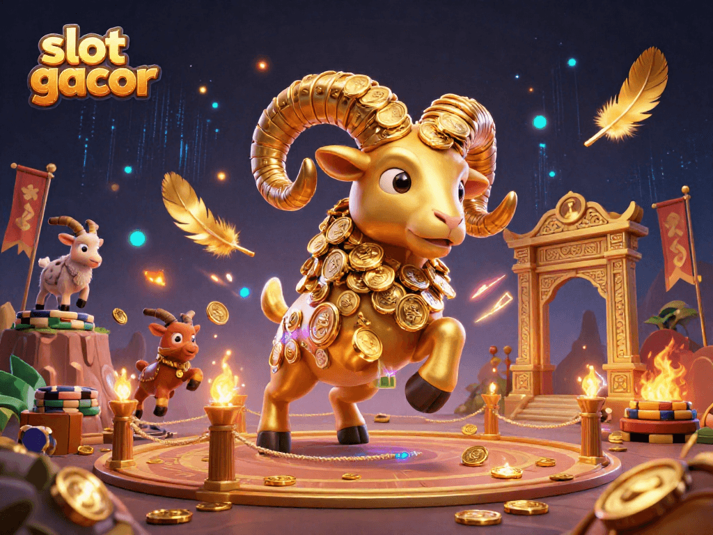 Bermain slot gacor dalam suasana magis dengan domba emas berlari menuju gerbang emas, dikelilingi koin dan efek api.