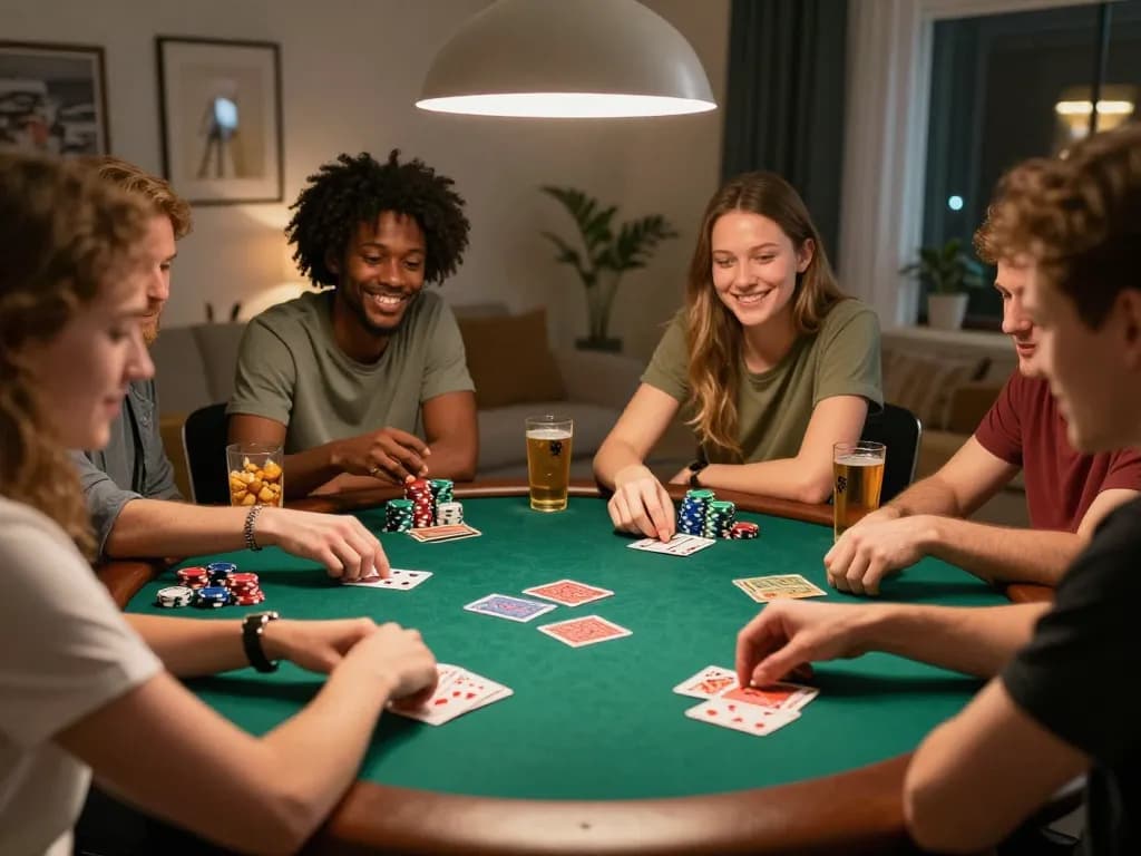 BUKA77 players analyzing poker hands in a cozy home game night setting, depicting friendly competition.
