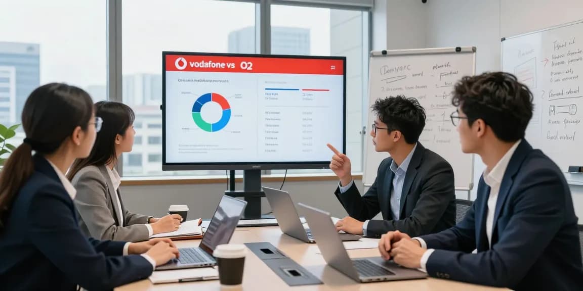 Business team evaluating Vodafone vs O2 business mobile plans in a modern conference room setting.