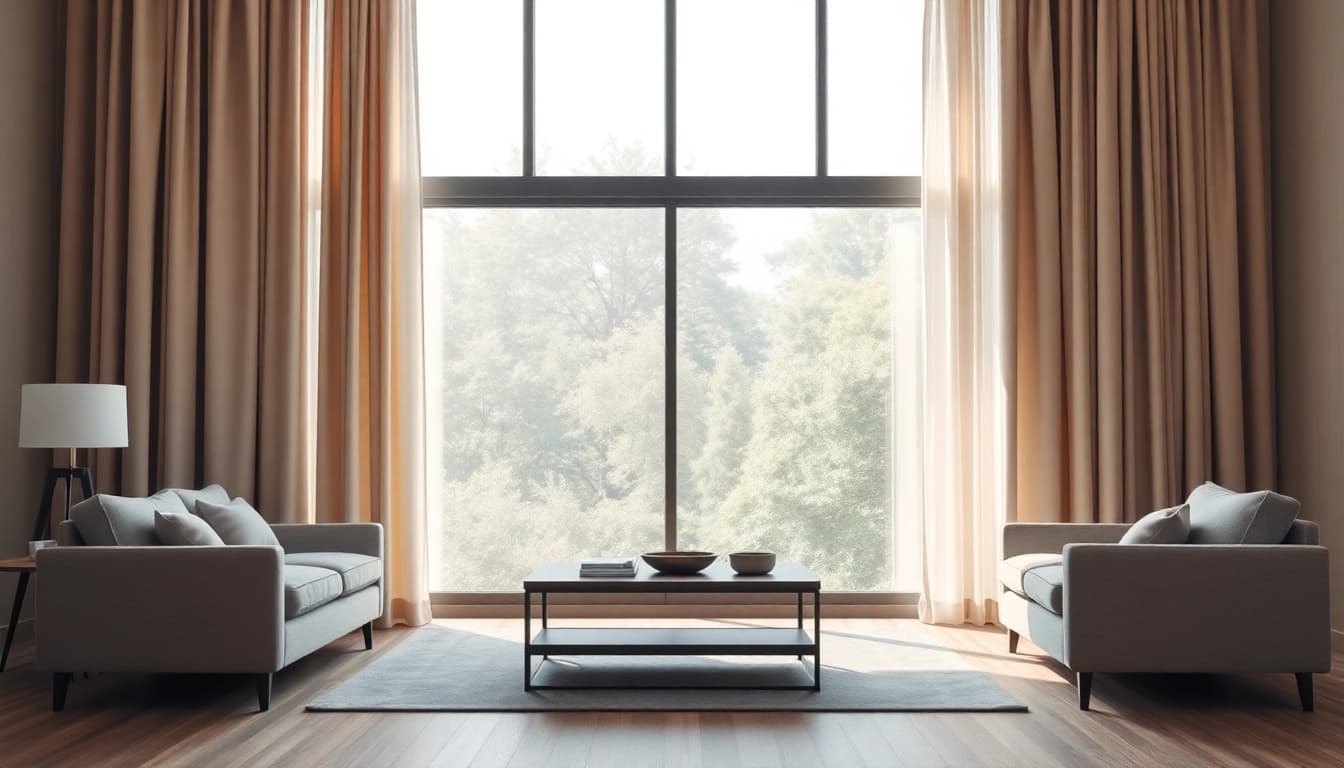 Verduisterende gordijnen in een moderne woonkamer die natuurlijk licht filteren.