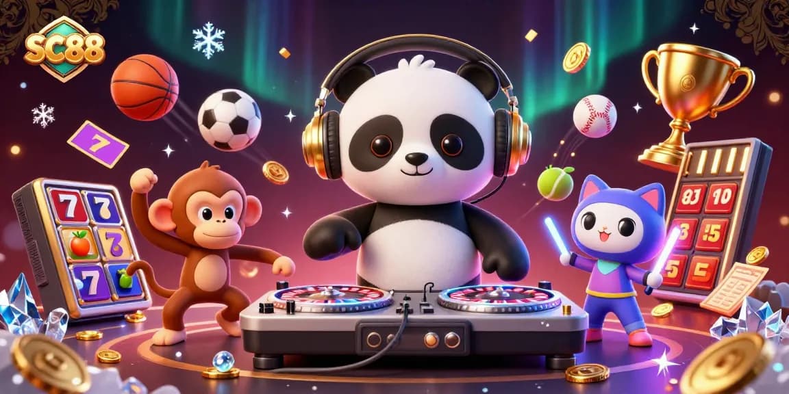 Discover the vibrant world of SC88 with a DJ panda, breakdancing monkey, and glowing kitten in a lively casino setting.