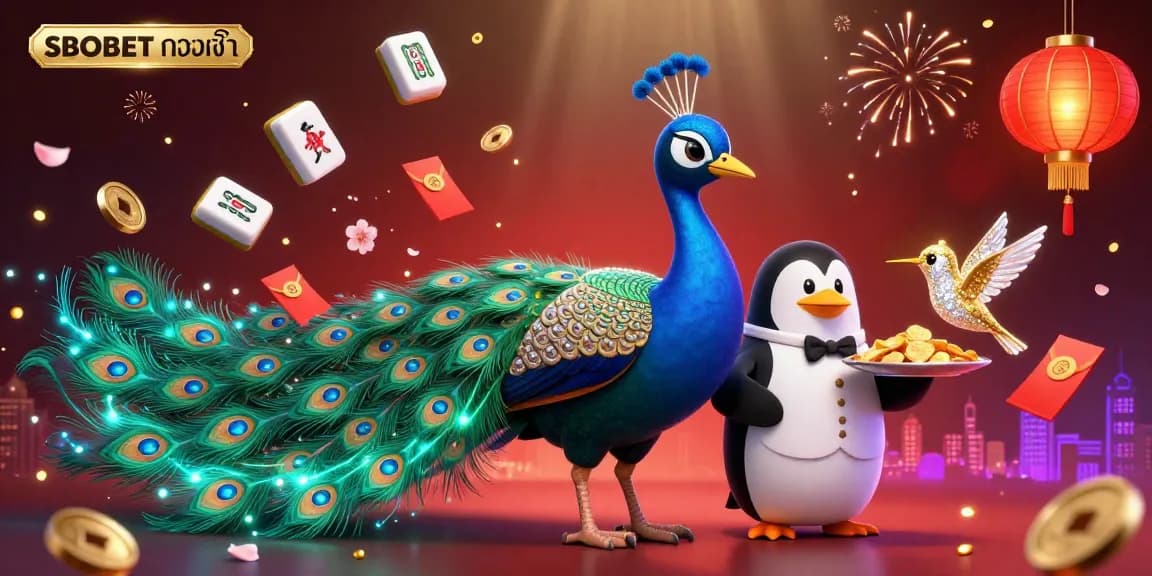 SBOBET ทางเข้า - Engage with a vibrant scene featuring a dazzling peacock, valuable chips, and glowing elements, illustrating casino energy.