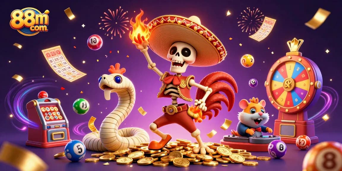 Experience vibrant gaming thrills at 88m com with a lively casino illustration featuring a dancing rooster and exciting game elements.