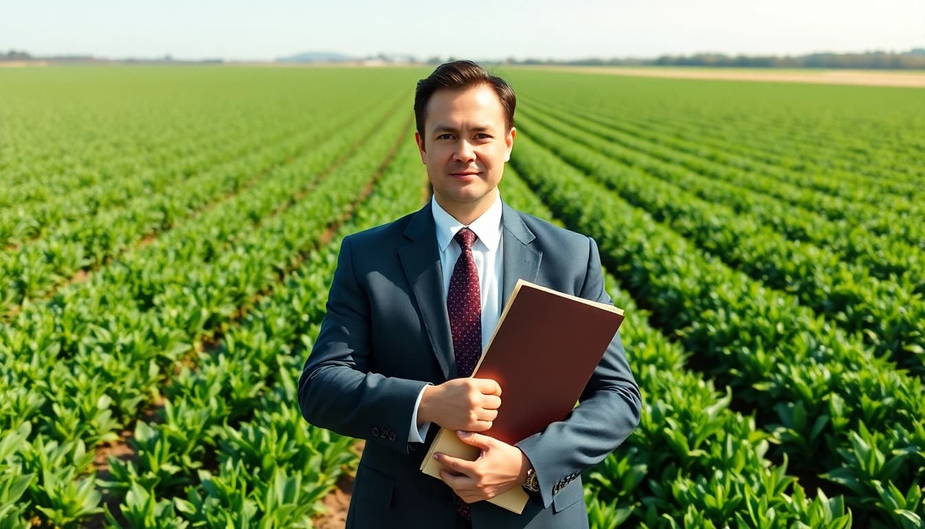 Expert navigating agricultural law in a thriving farm setting, symbolizing legal protection and growth.