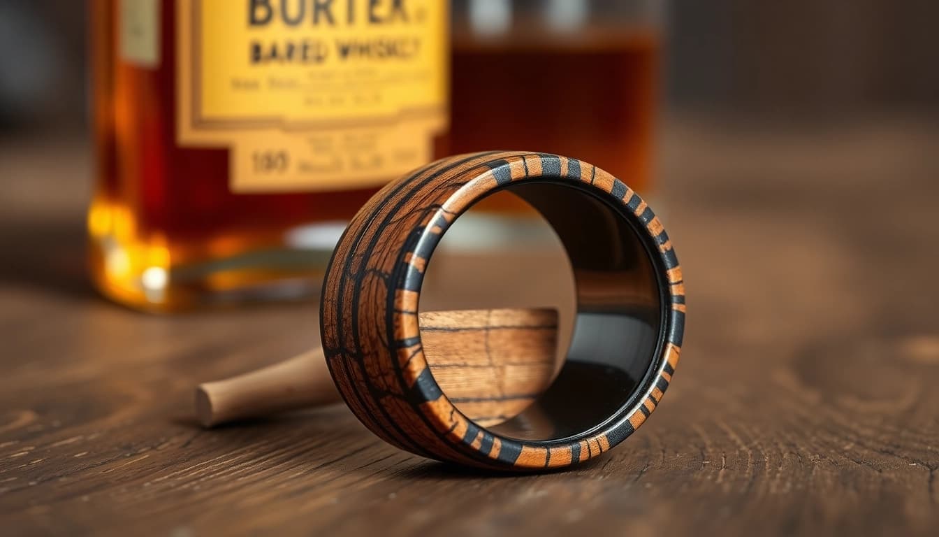 Admire the unique Whiskey Barrel Wedding Bands crafted from authentic bourbon barrel wood.