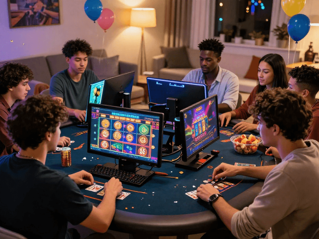 Friends enjoying casino online games in a cozy living room setting, highlighting excitement and social interaction.