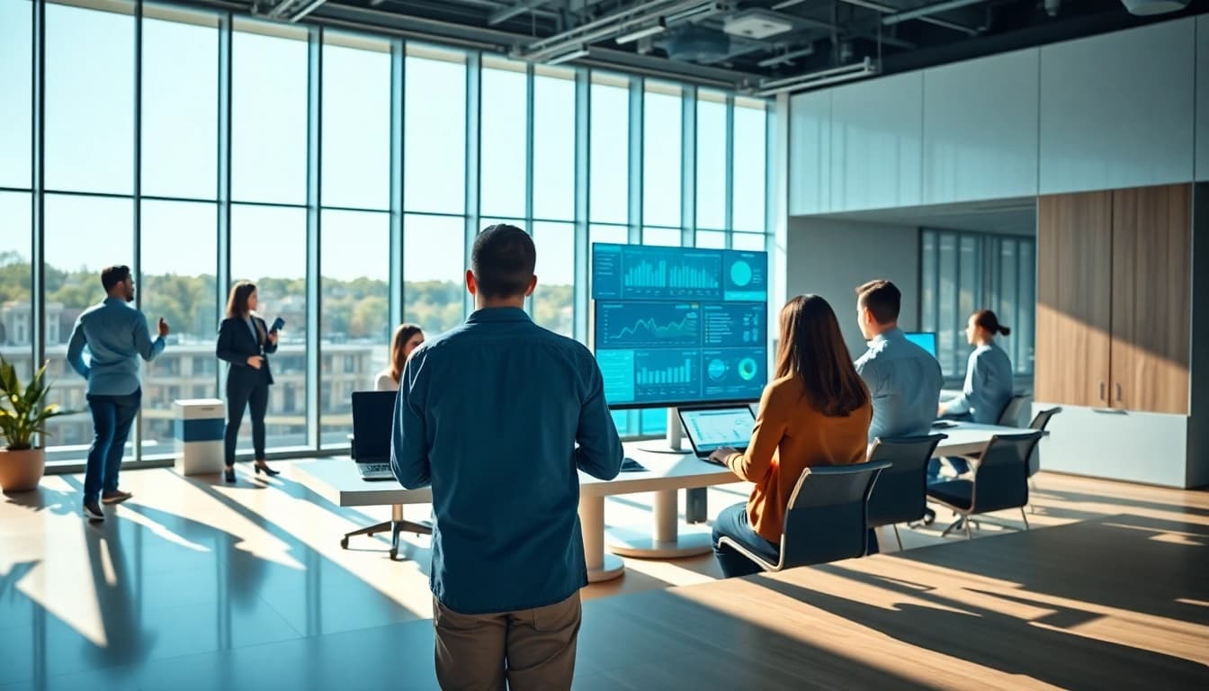 Efficient teams utilizing enterprise assistant software in a modern workspace with interactive tools.