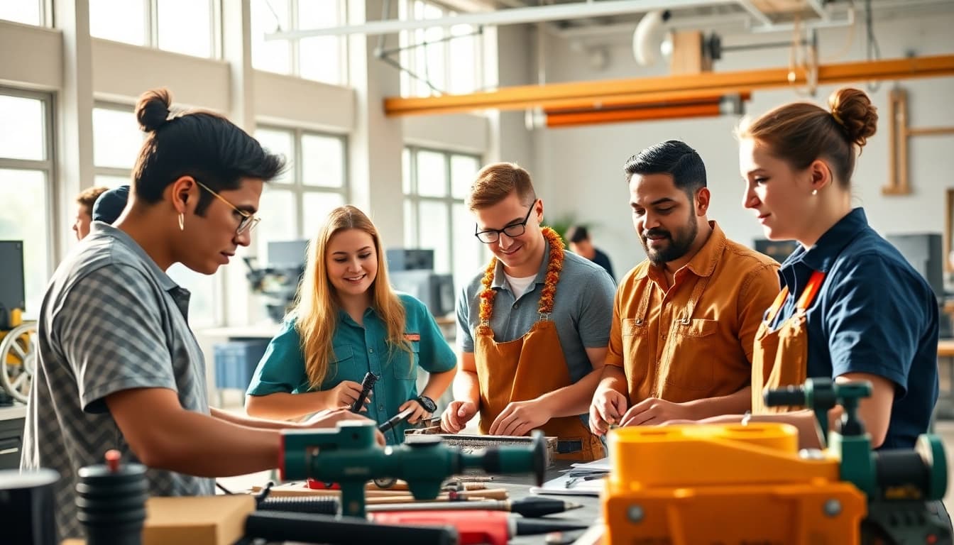 Students practicing hands-on skills at hawaii trade schools in a bright classroom.