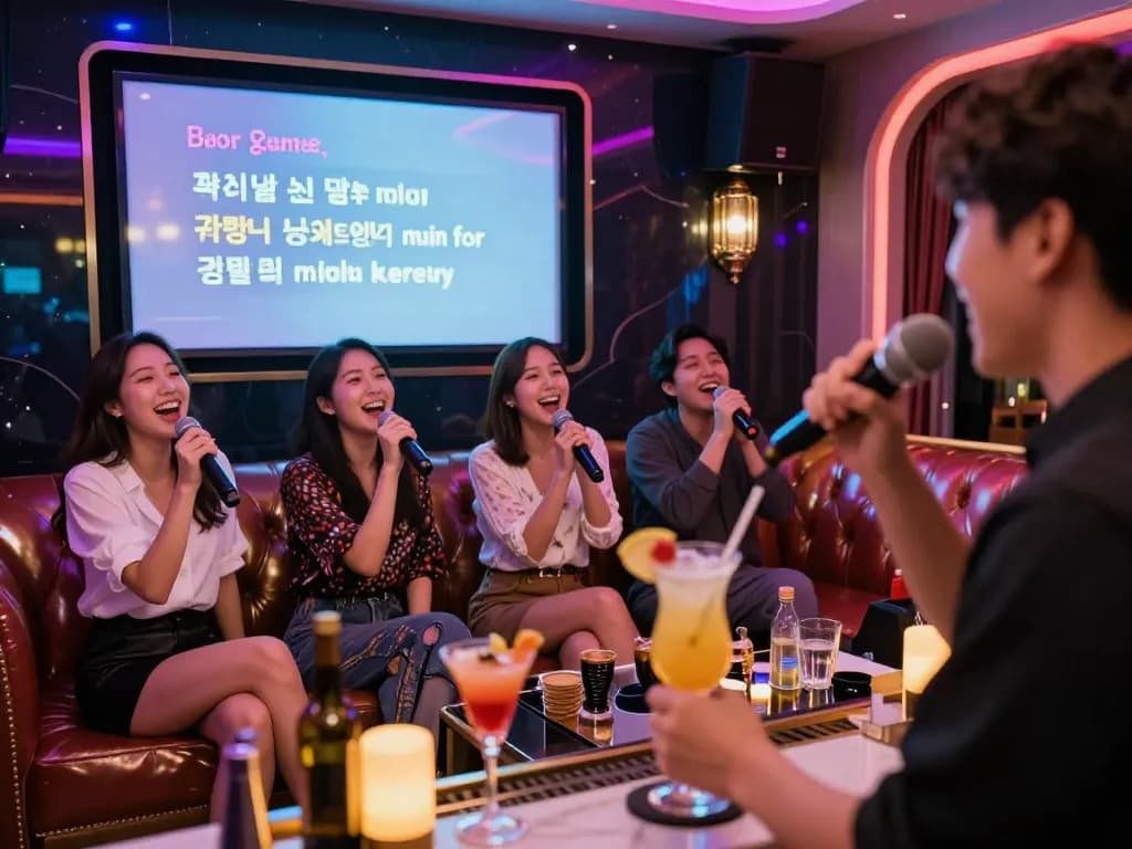 활기찬 분위기 속에서 친구들과 함께 강남달토에서 즐거운 노래방 밤을 보내는 모습.