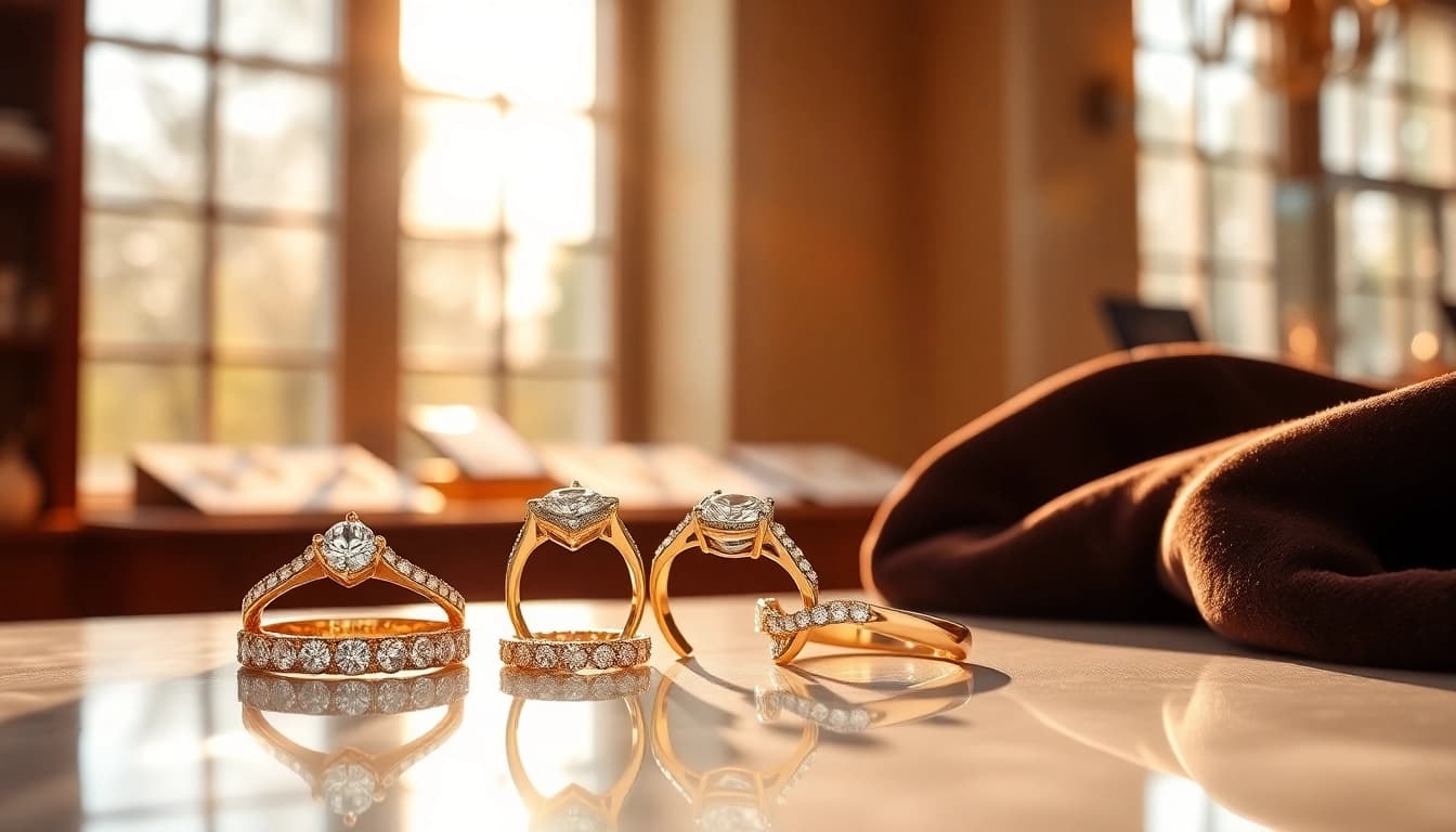 Stunning promise rings showcased elegantly, reflecting light beautifully in a jewelry display.