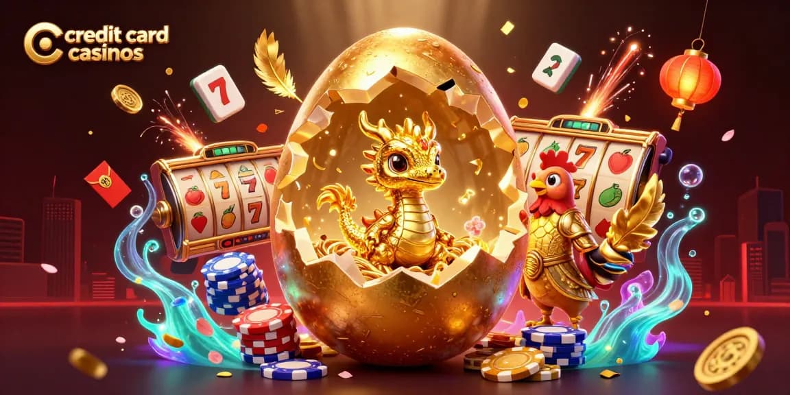Experience thrilling moments at credit card casinos with animated golden dragon and slot reels.