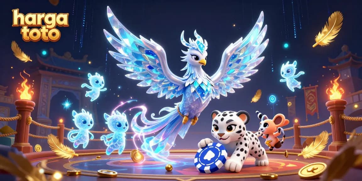 Engage with harga toto gaming excitement through a vibrant illustration showing an ice phoenix, a snow leopard, and ice sprites.