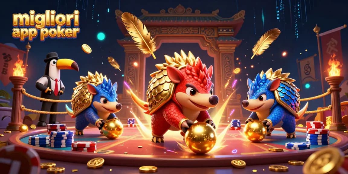 Migliori app poker: pangolini in gara tra poker chips e fuochi d'artificio dorati.