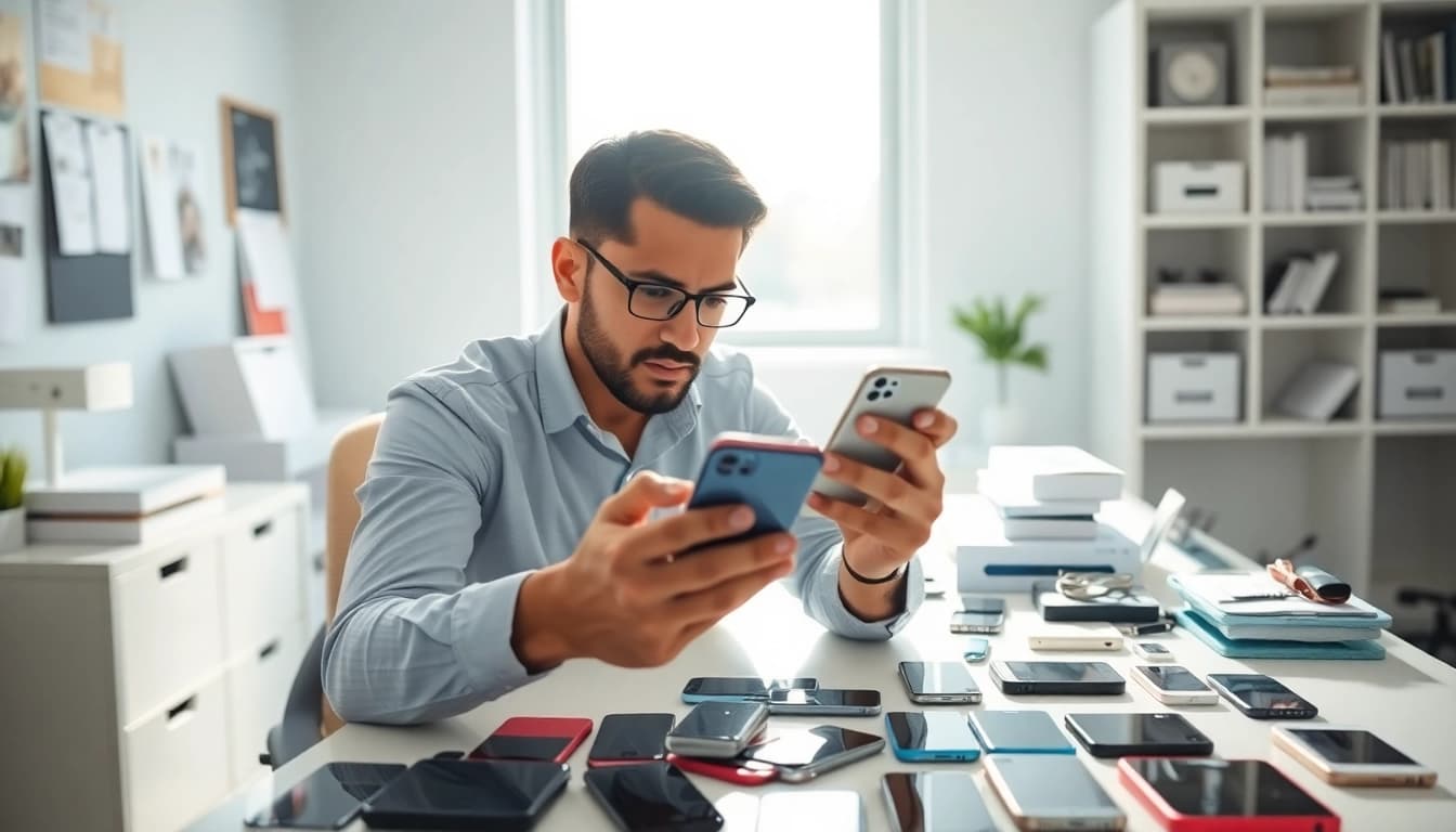 iPhone cash buyer assessing used smartphones in a bright office environment.