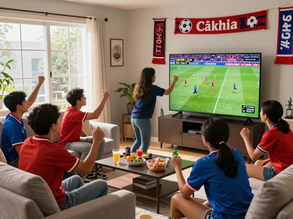 Enthusiastic fans enjoying a live match on CàkhịaTV in a cozy living room with snacks and football decorations.