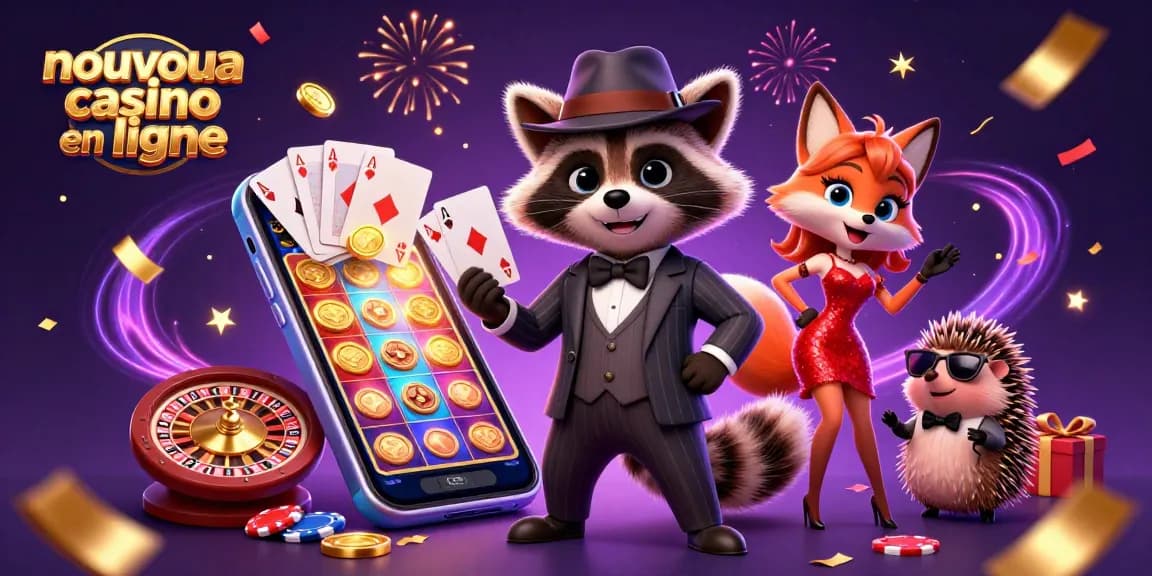 Découvrez un nouveau casino en ligne avec des personnages colorés et des éléments de jeu variés dans une scène festive.