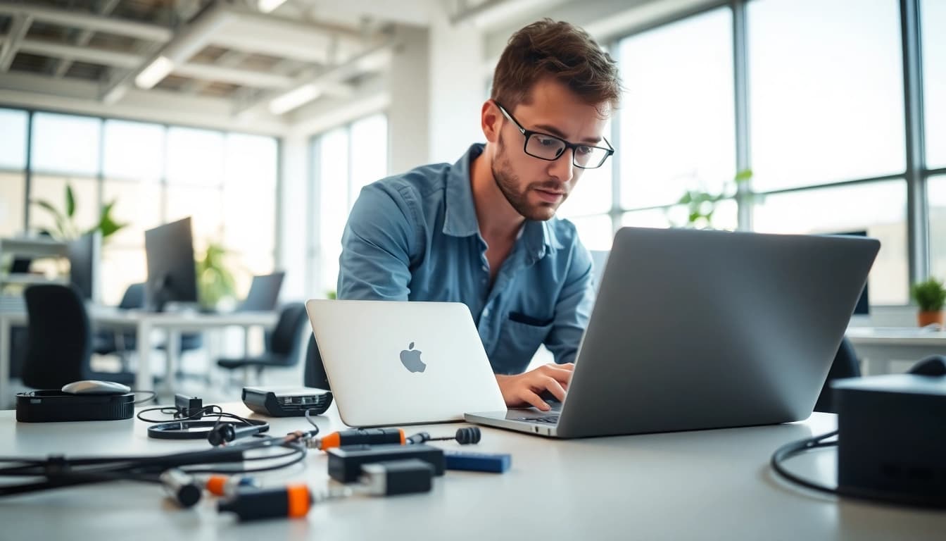Enhancing computer services through expert technician work on a laptop.